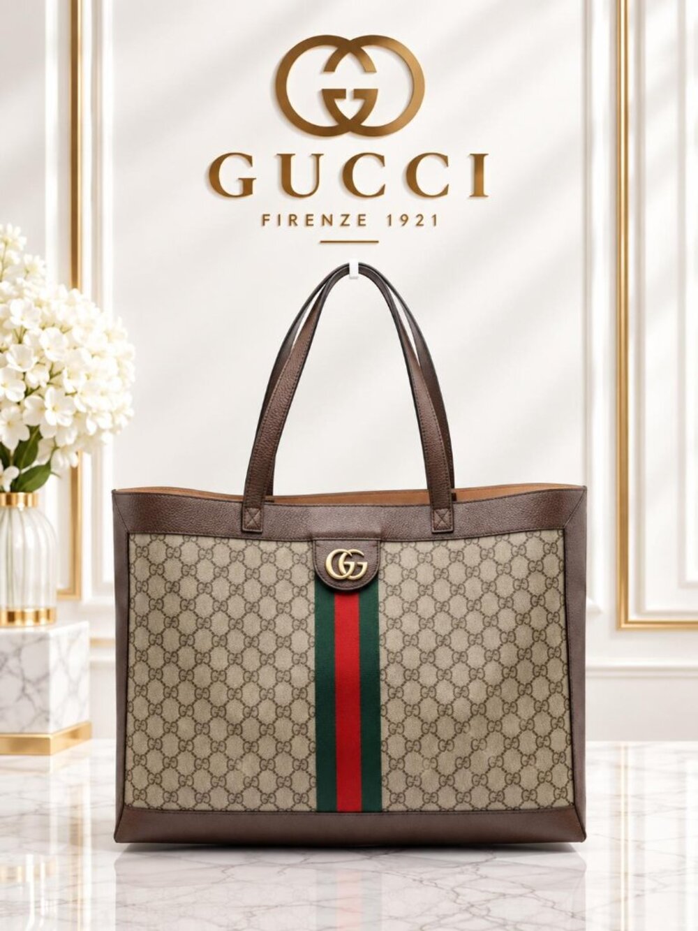 Authentic Gucci Ophidia GG Supreme Canvas Large Tote Bag Web Stripe Shoulder Bag